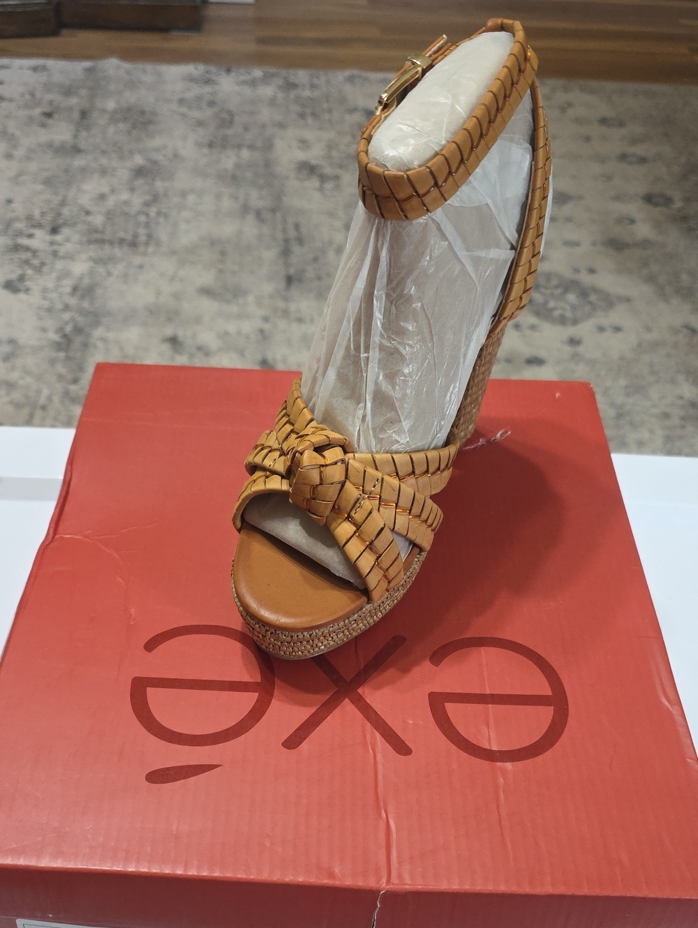 Exe"Woven Ankle-Strap Wedge Sandal in Cognac